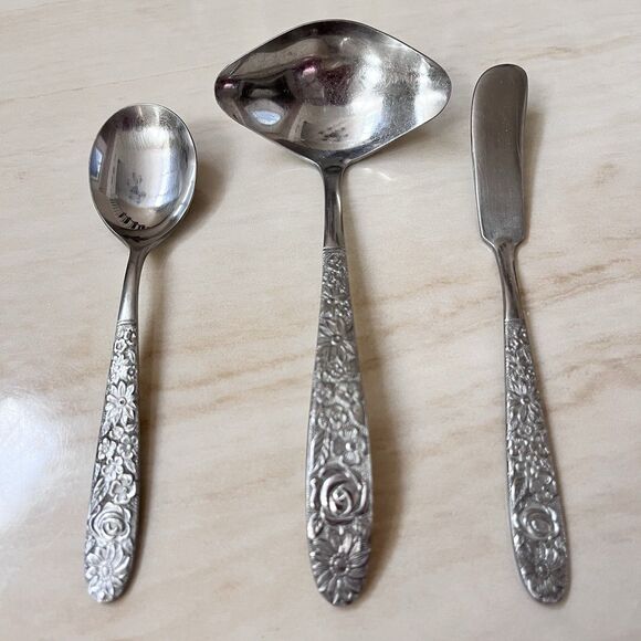 Set of 3 STANLEY ROBERTS SRB180 Stainless Floral Ladle/Butter Knife/Sugar Spoon - Picture 1 of 10